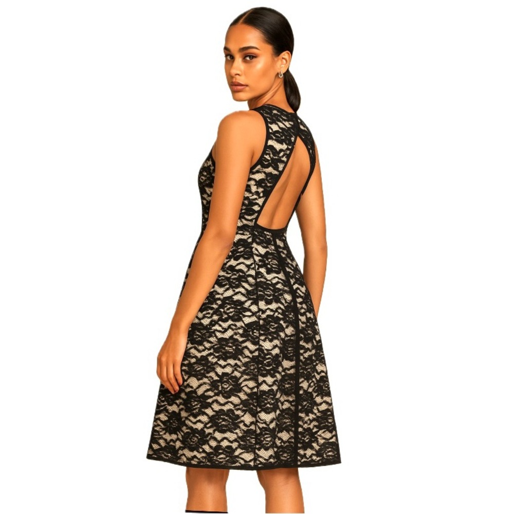 Muehleder, NWT Black Lace Fit & Flare Dress White Structured Underlay, Size L